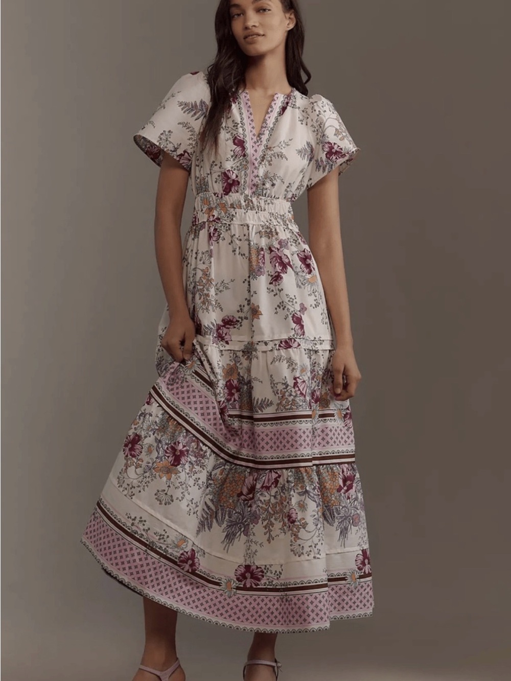 Smocked Waist Floral Maxi Dress in Cream and Pink